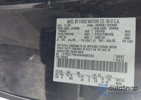 2003 Ford F-150 Lariat/Xl/Xlt z USA, uszkodzony, nr VIN 1FTRX17W43NA80252